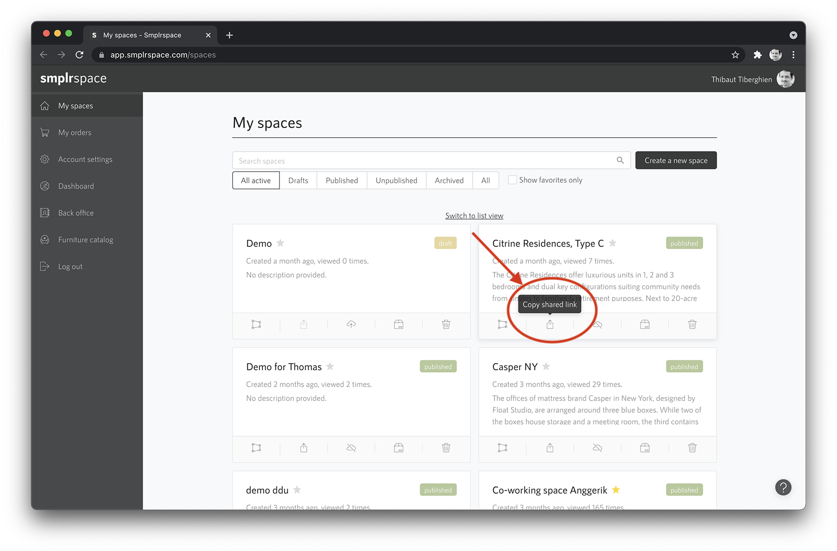 screenshot of space list
