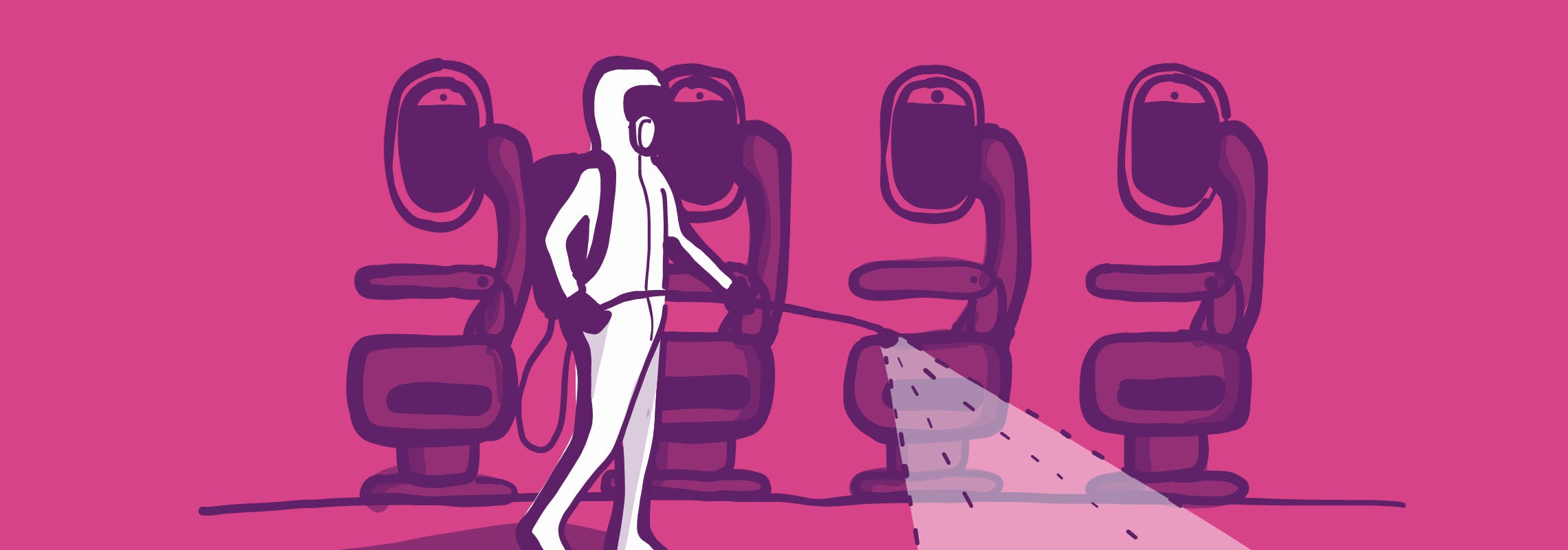 Illustration: disinfecting airplane in hazmat suit