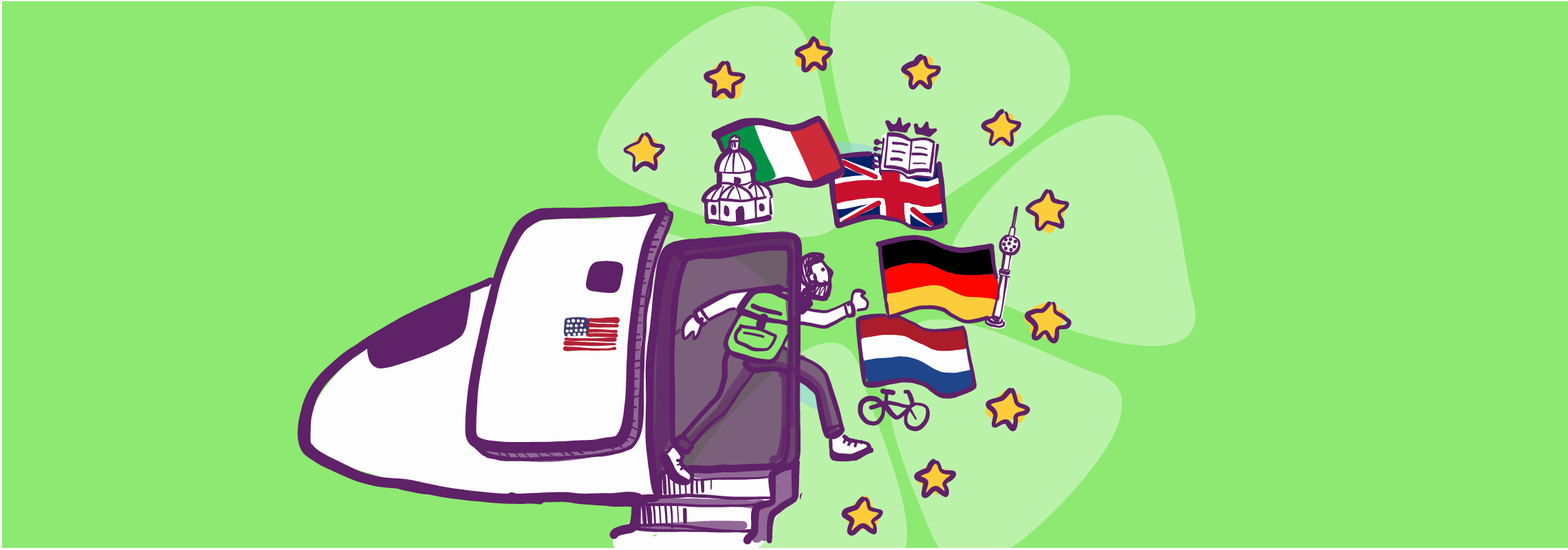 Drawing of backpacker entering a plane with a number of destinations being display by the flags of Italy, UK, Germany, and Netherlands.