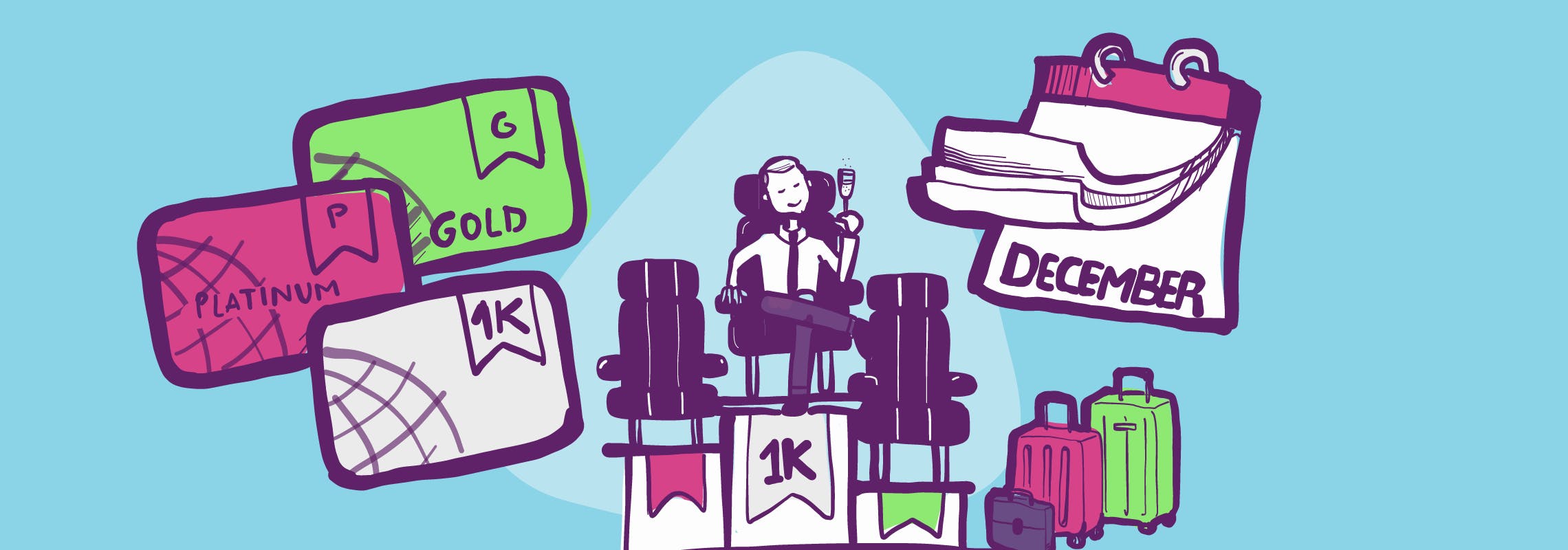 Illustration of passenger sitting atop 1k podium with glass of champagne