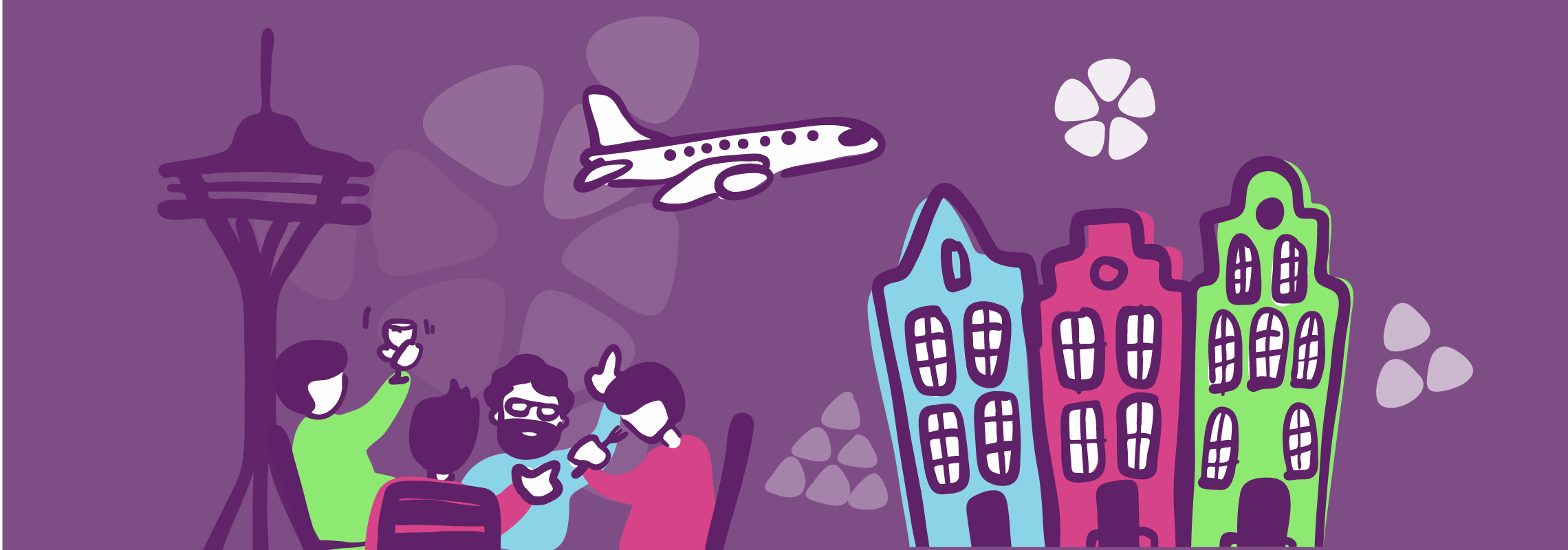 Illustration of airplane over city