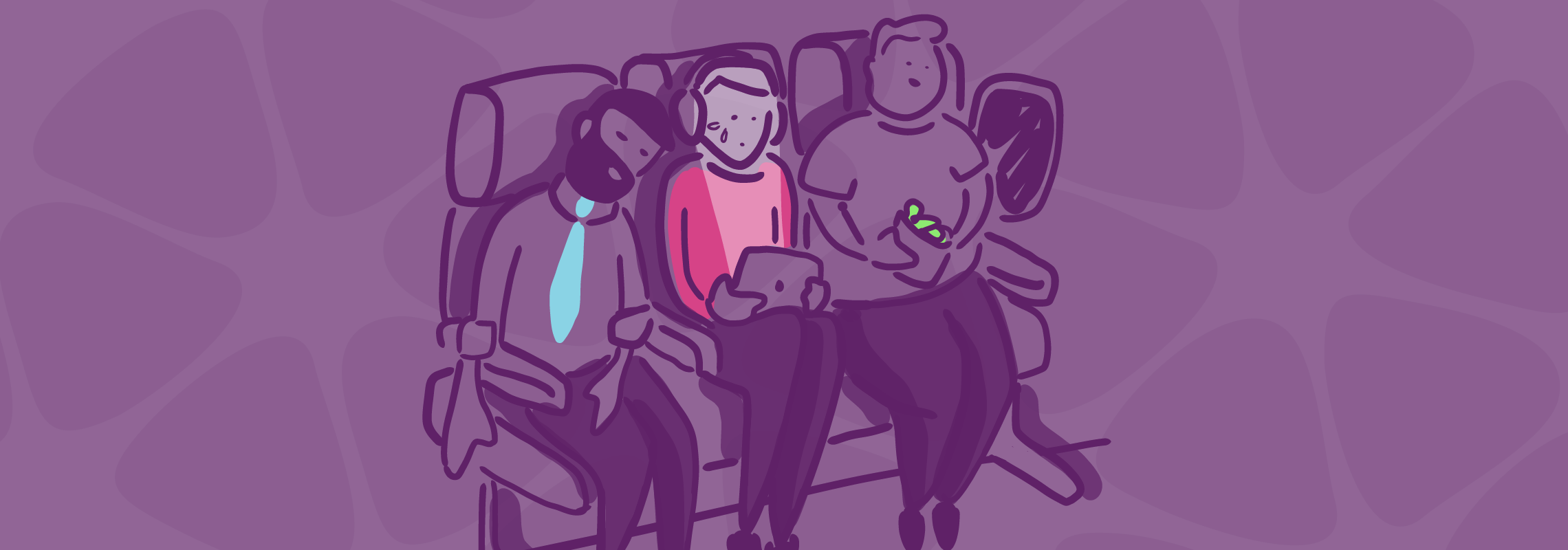 Illustration of passenger in middle seat watching iPad in the dark