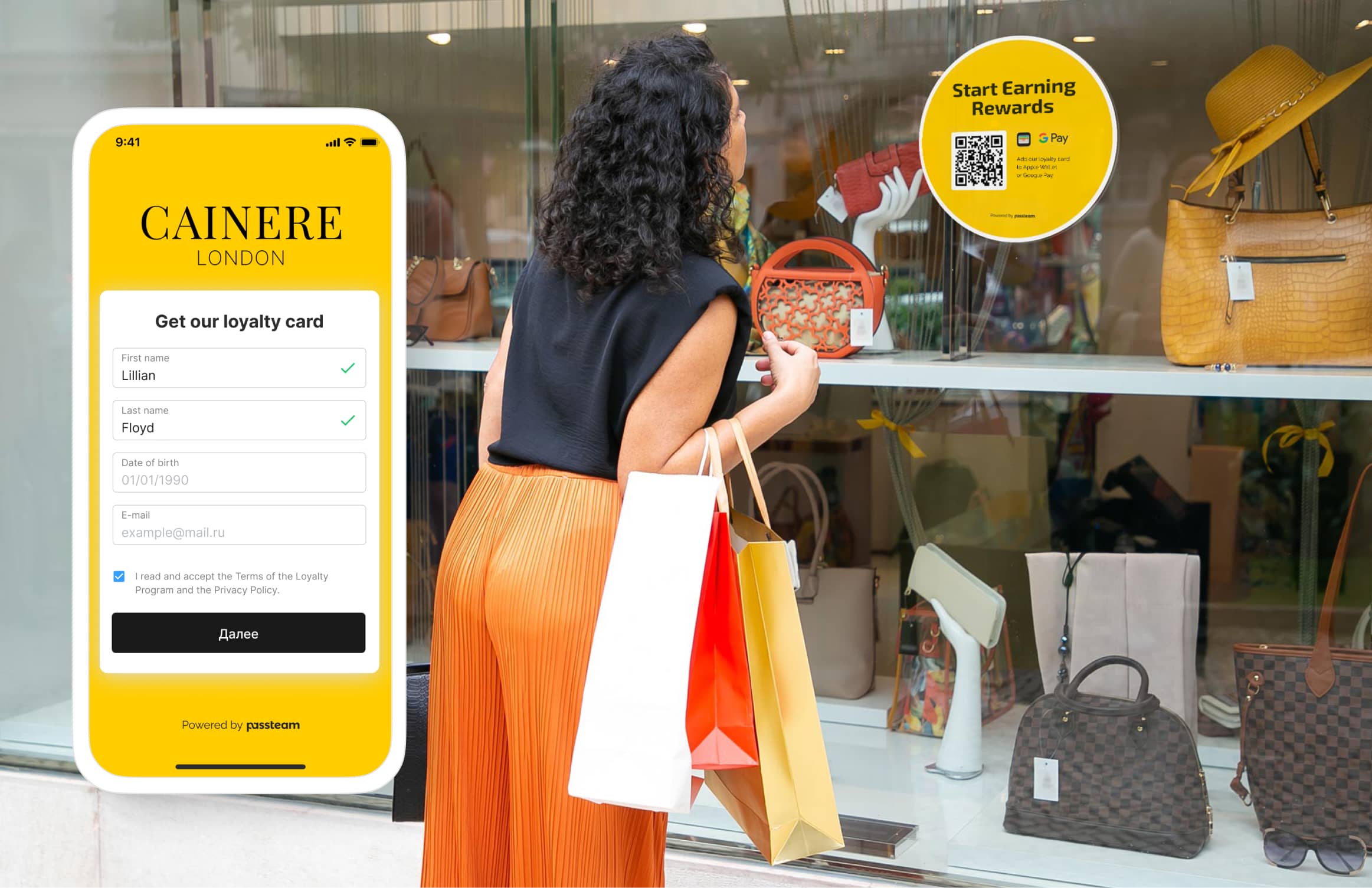a woman looks at an online form sticker in a shop window