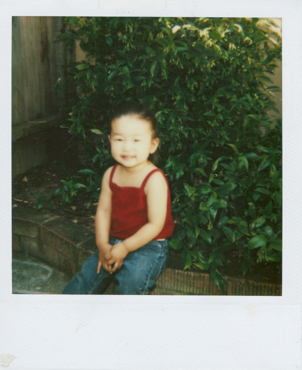 Little girl about 5 or 6 sitting in front of a green bush in a red tank top and jeans. In the style of a polaroid photo.