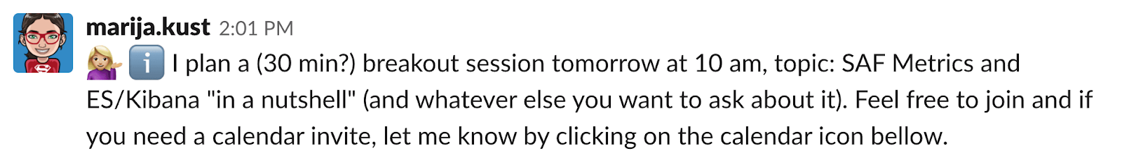 Slack-announcement of a knowledge-transfer session