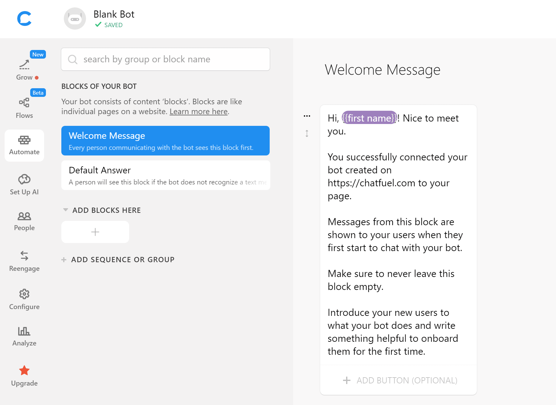 chatfuel welcome message chatfuel mensaje de bienvenida como crear un chatbot desde cero como crear un chatbot