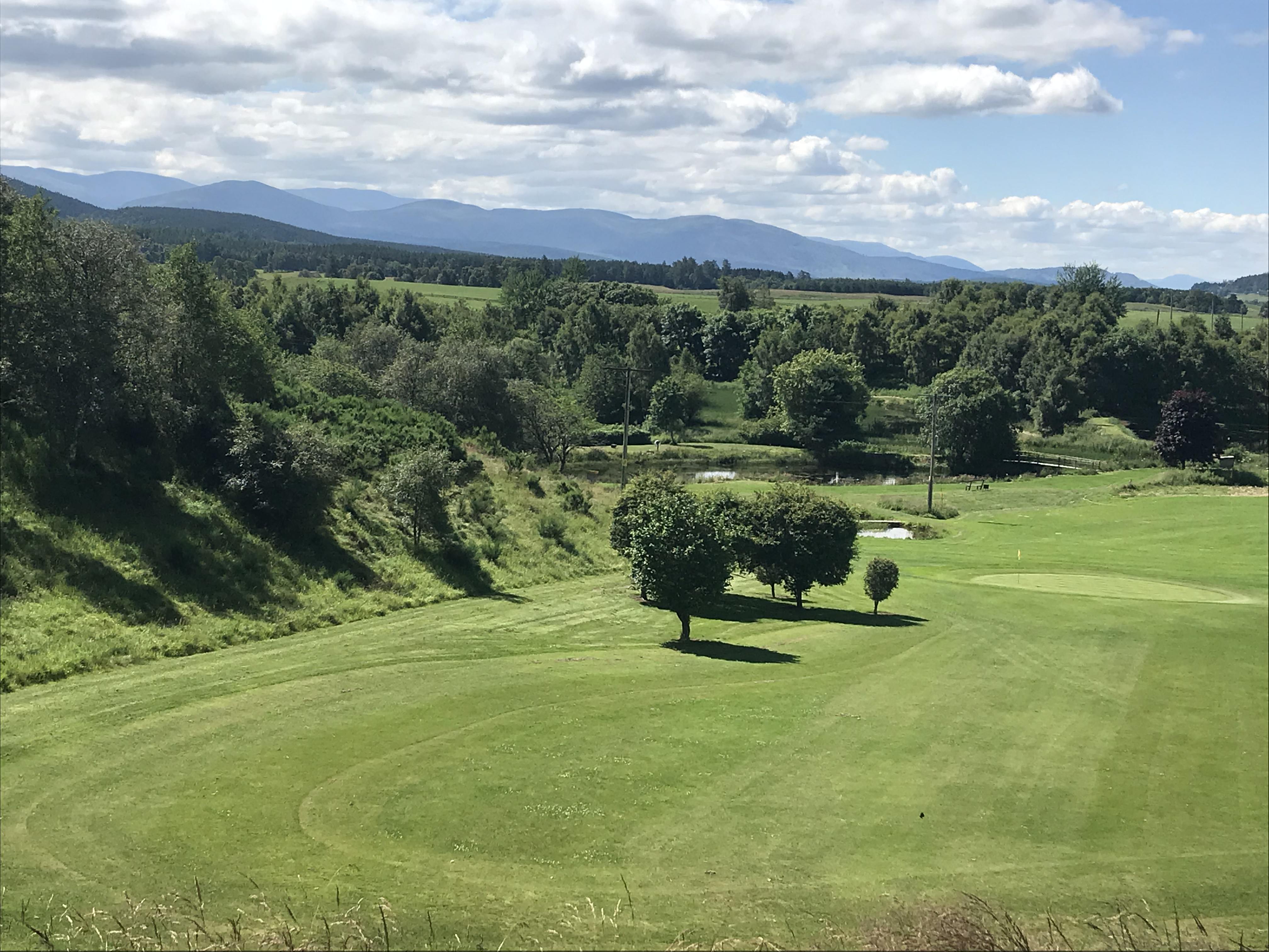 View of Cairngorms Mountains from the 2nd tee at Craggan Golf Course