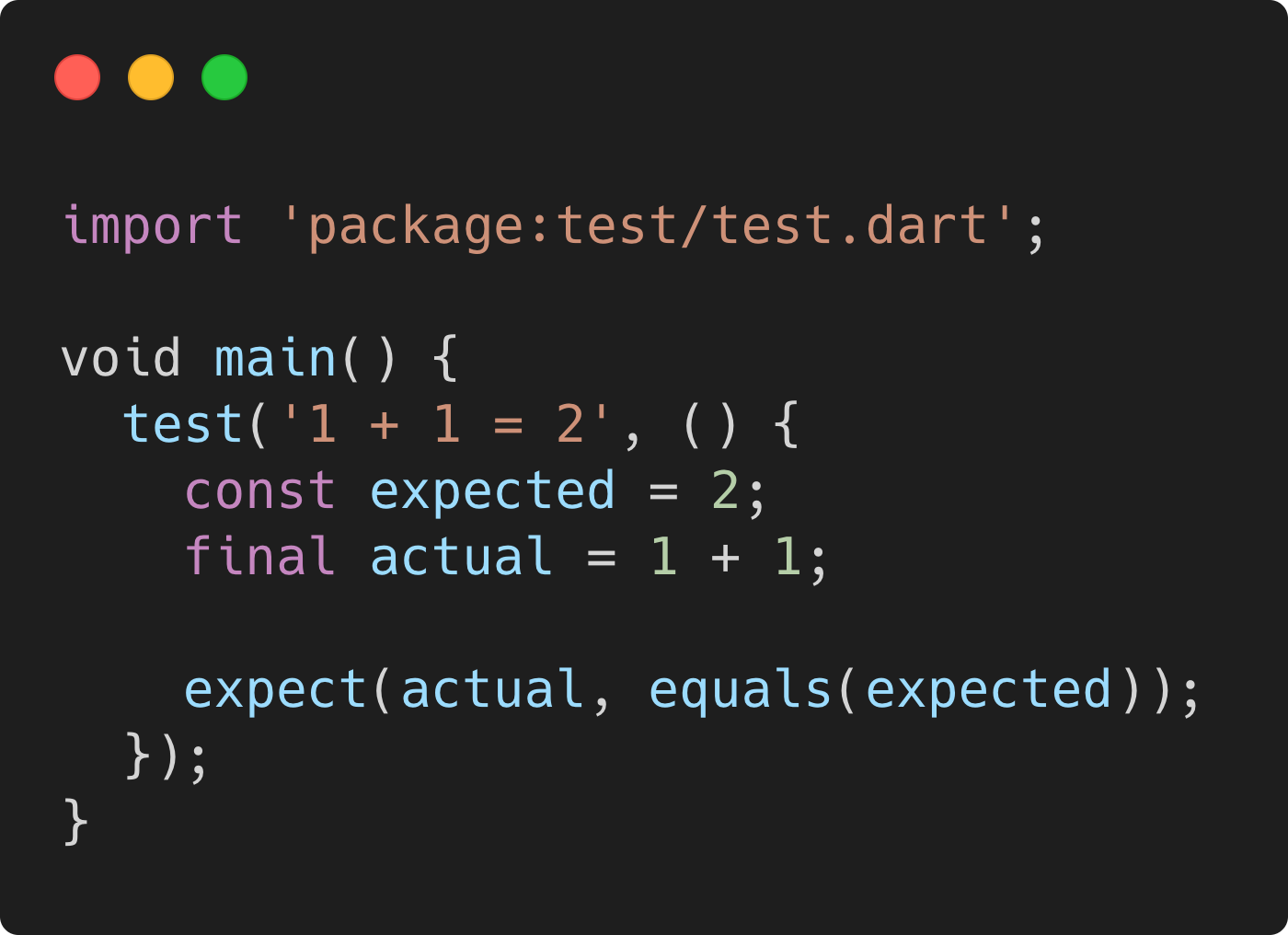 A simple test in Dart that validates implementation of 1+1 with expected answer 2