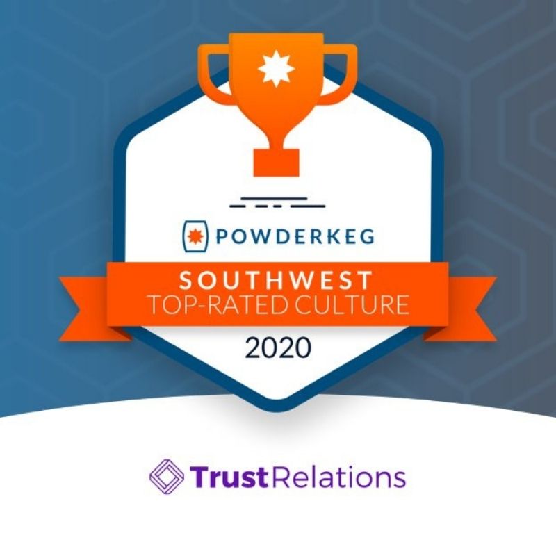 The PowderKeg award logo is accompanied by the Trust Relations logo.