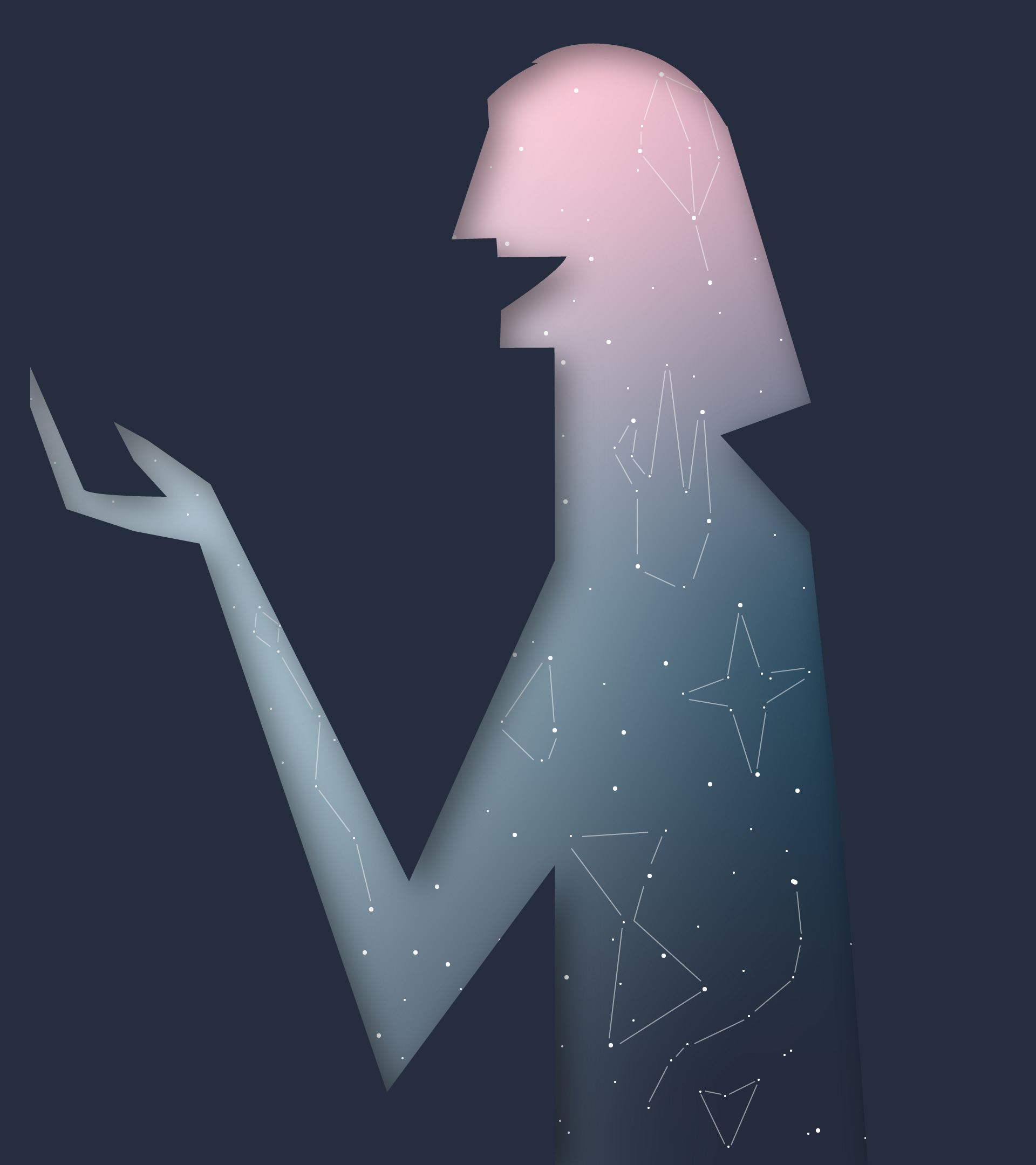 Silueta del personaje hablando, en el fondo están las estrellas y las constelaciones del firmamento.