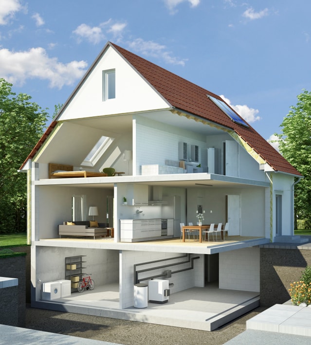 Maison ouverte avec les différentes pièces apparentes