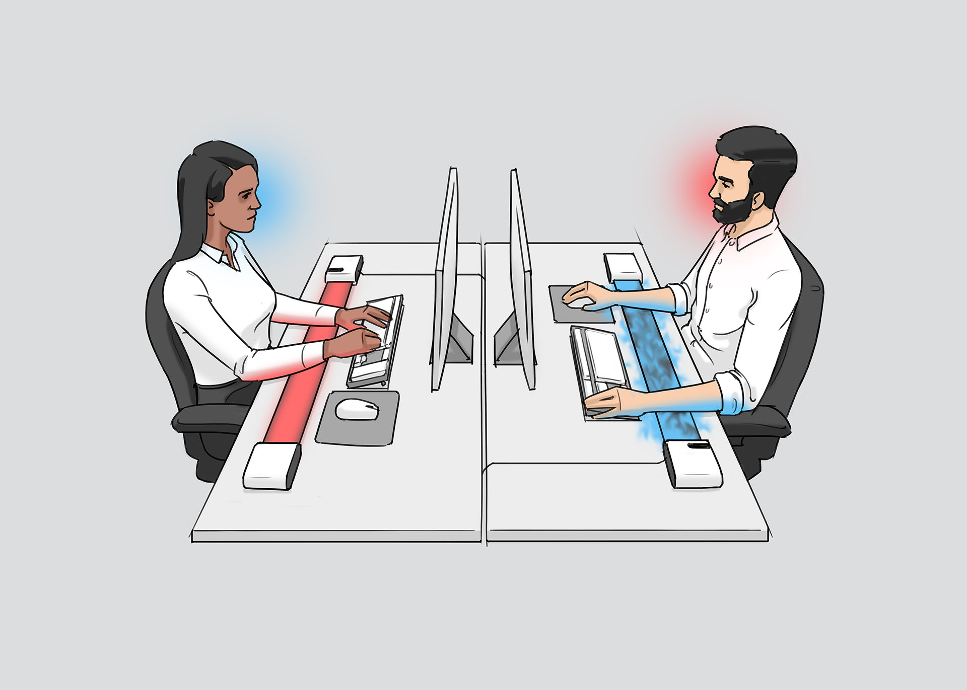 A sketch showing a woman using Stratum for heating working at a desk opposite a man using it for cooling
