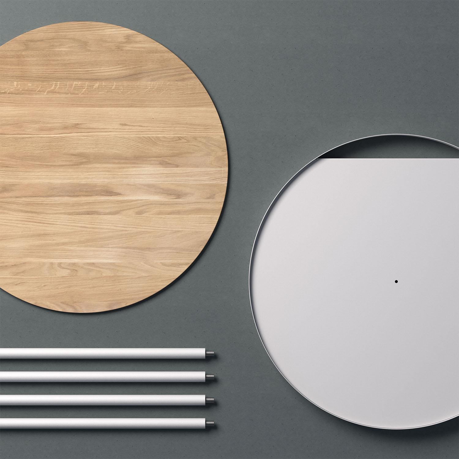 An arrangement showing the disassembled pieces of the table - a wooden top, metal frame and four legs