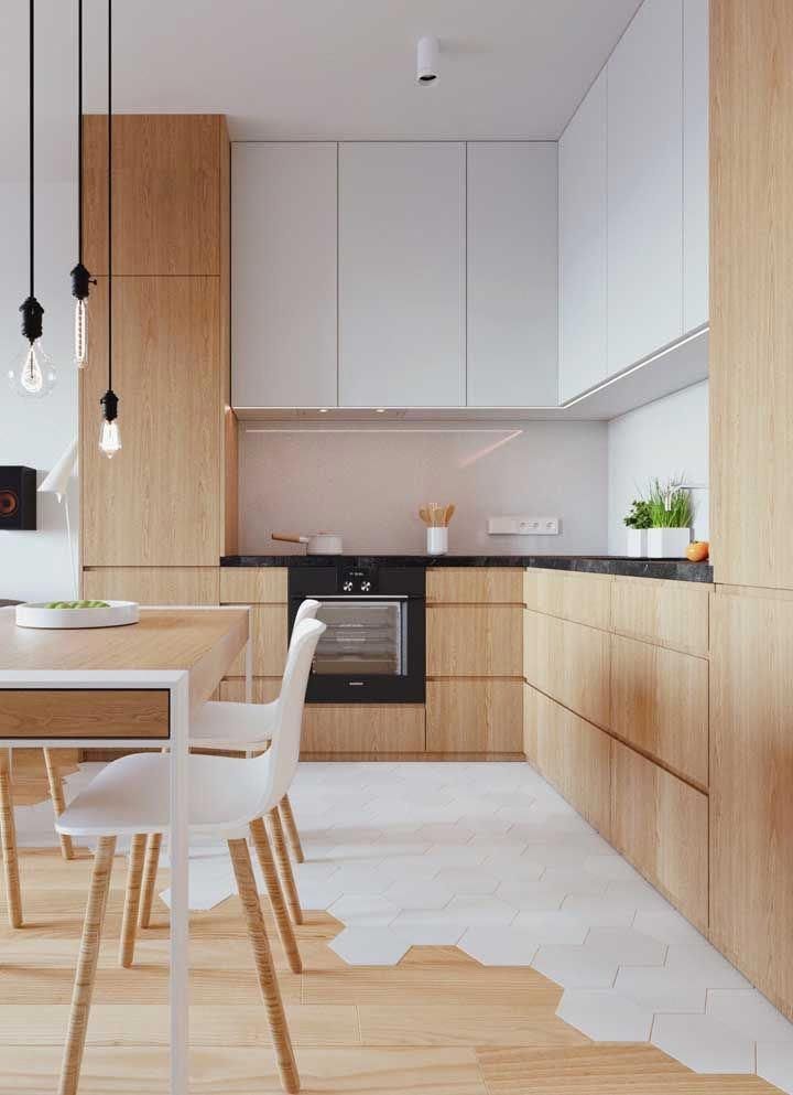 cozinha sala integrada piso revestimento hexagonal branco