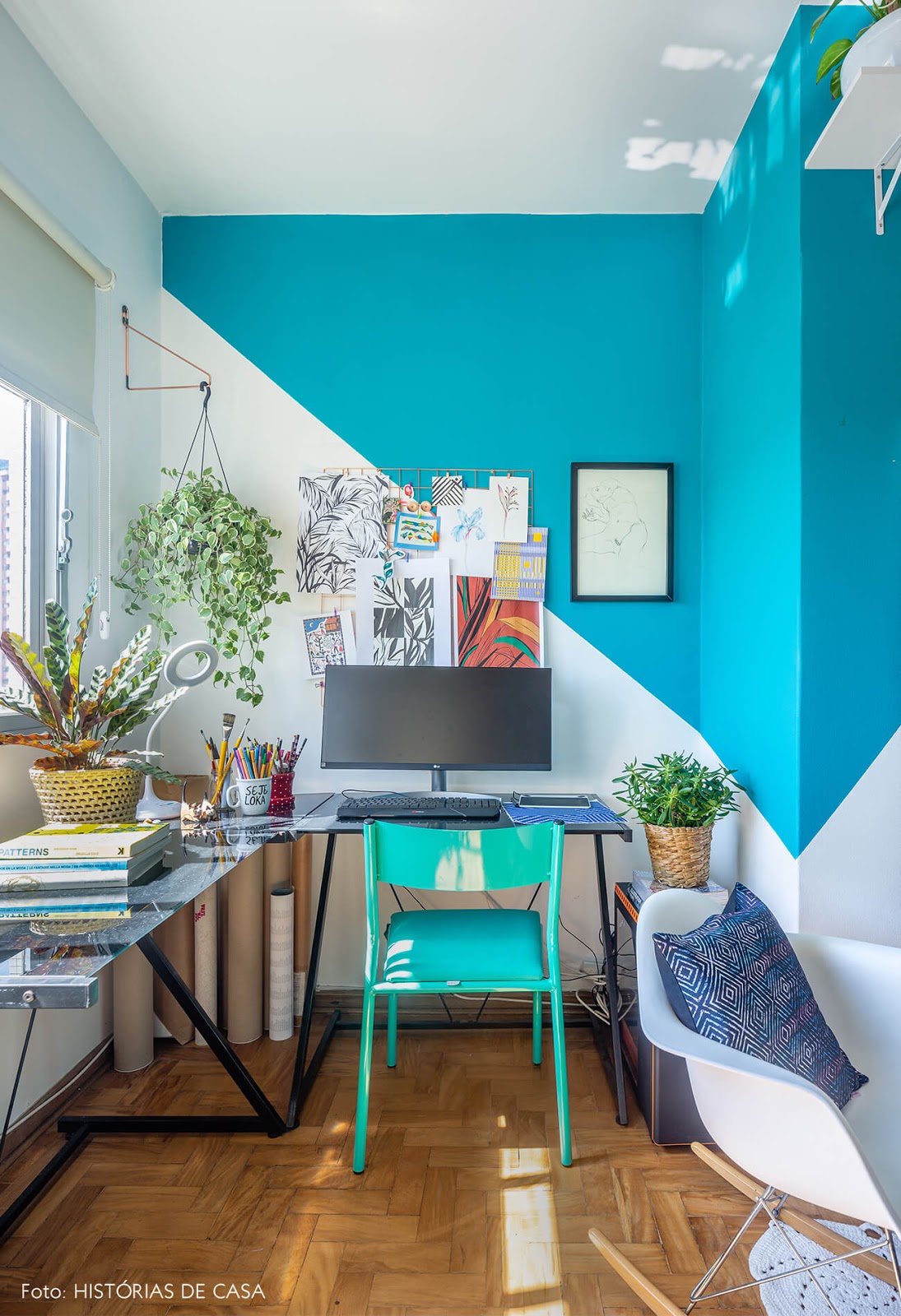 home office parede pintura geométrica