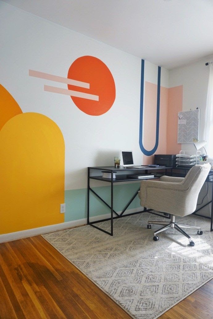 home office parede pintura geométrica