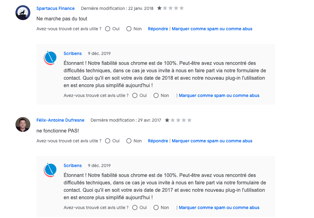 Capture d'écran d'avis sur Scribens