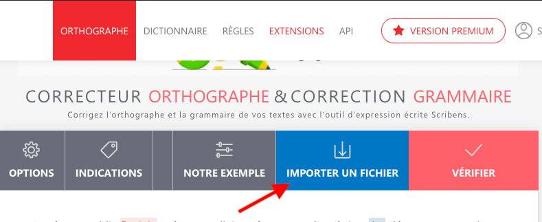 Capture d'écran de la fonctionnalité d'import de Scribens