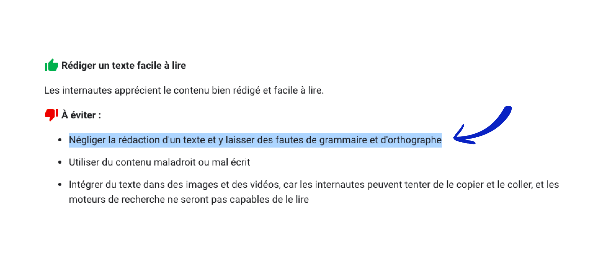 Le guide SEO de Google indique que les fautes de grammaire et d'orthographe sont à éviter