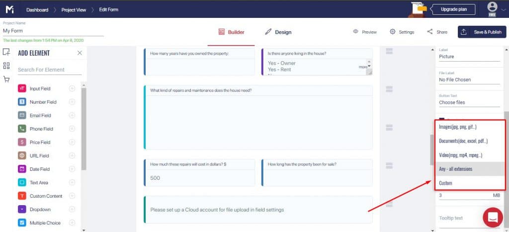 File extension filter for upload _ MightyForms