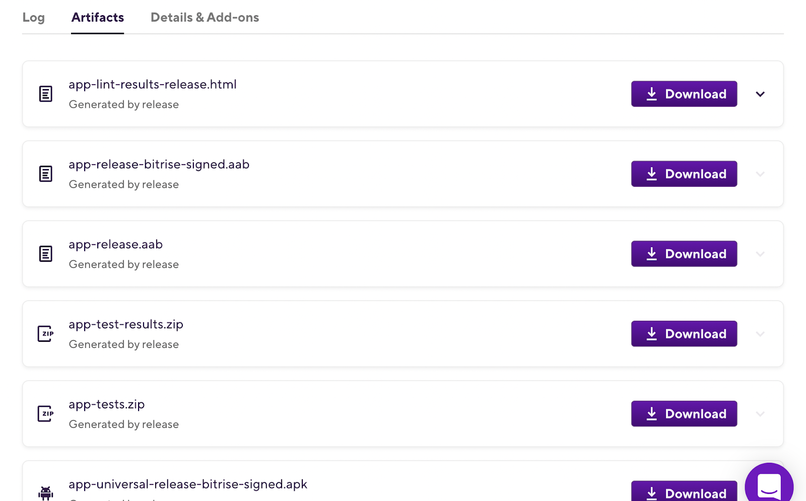 List of workflow artifacts in Bitrise