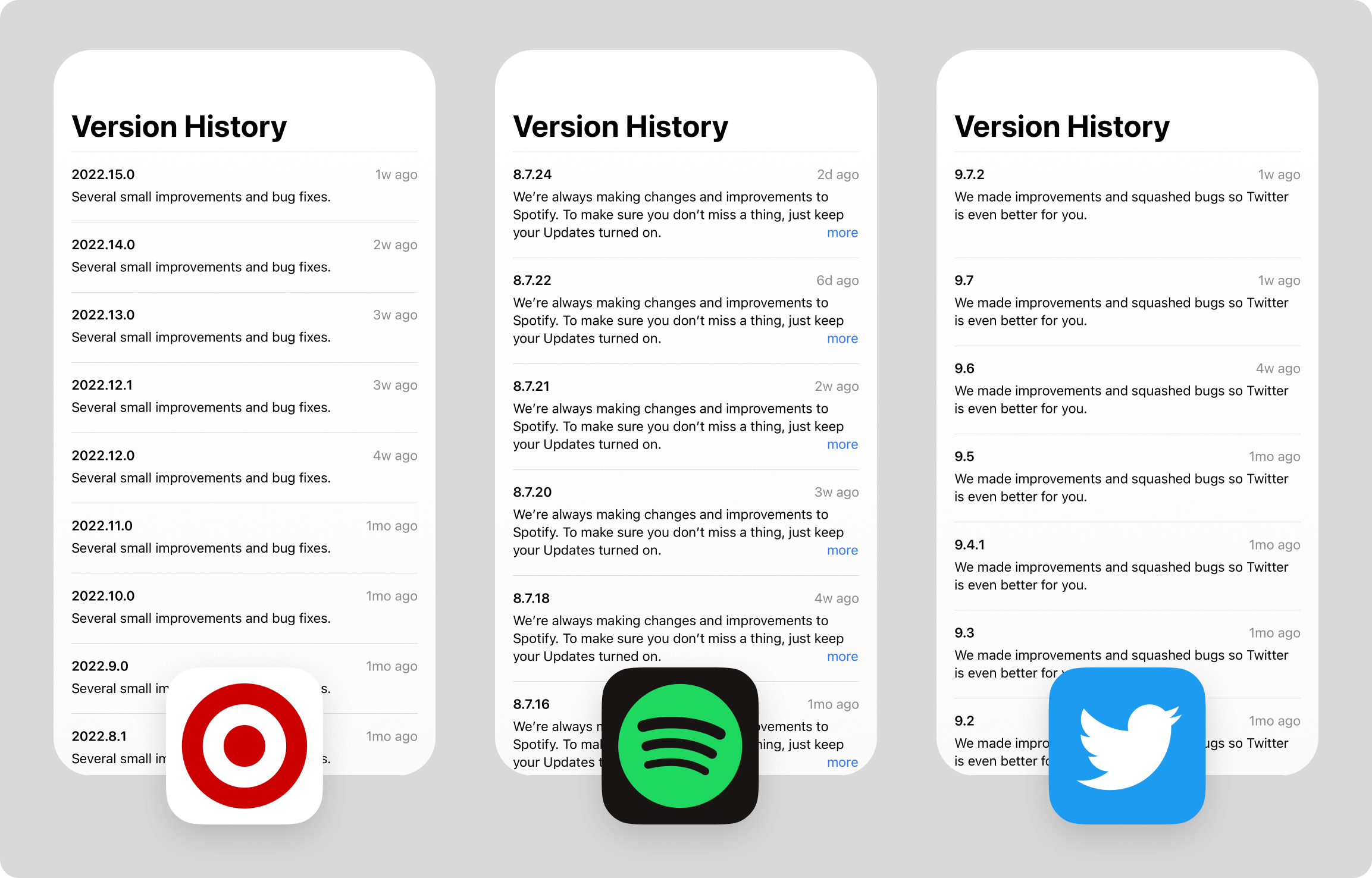 Version history examples from Target, Spotify, and Twitter apps.