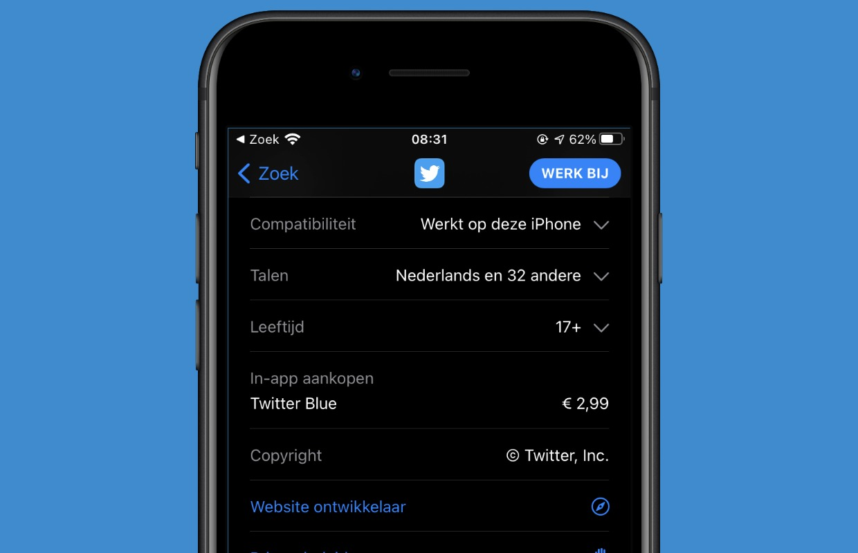Twitter Blue aankoop in de Apple appstore