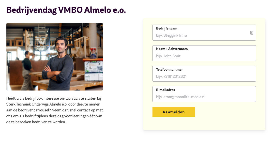 Aanmeldformulier bedrijvendagen Almelo vanuit Sterk techniekonderwijs