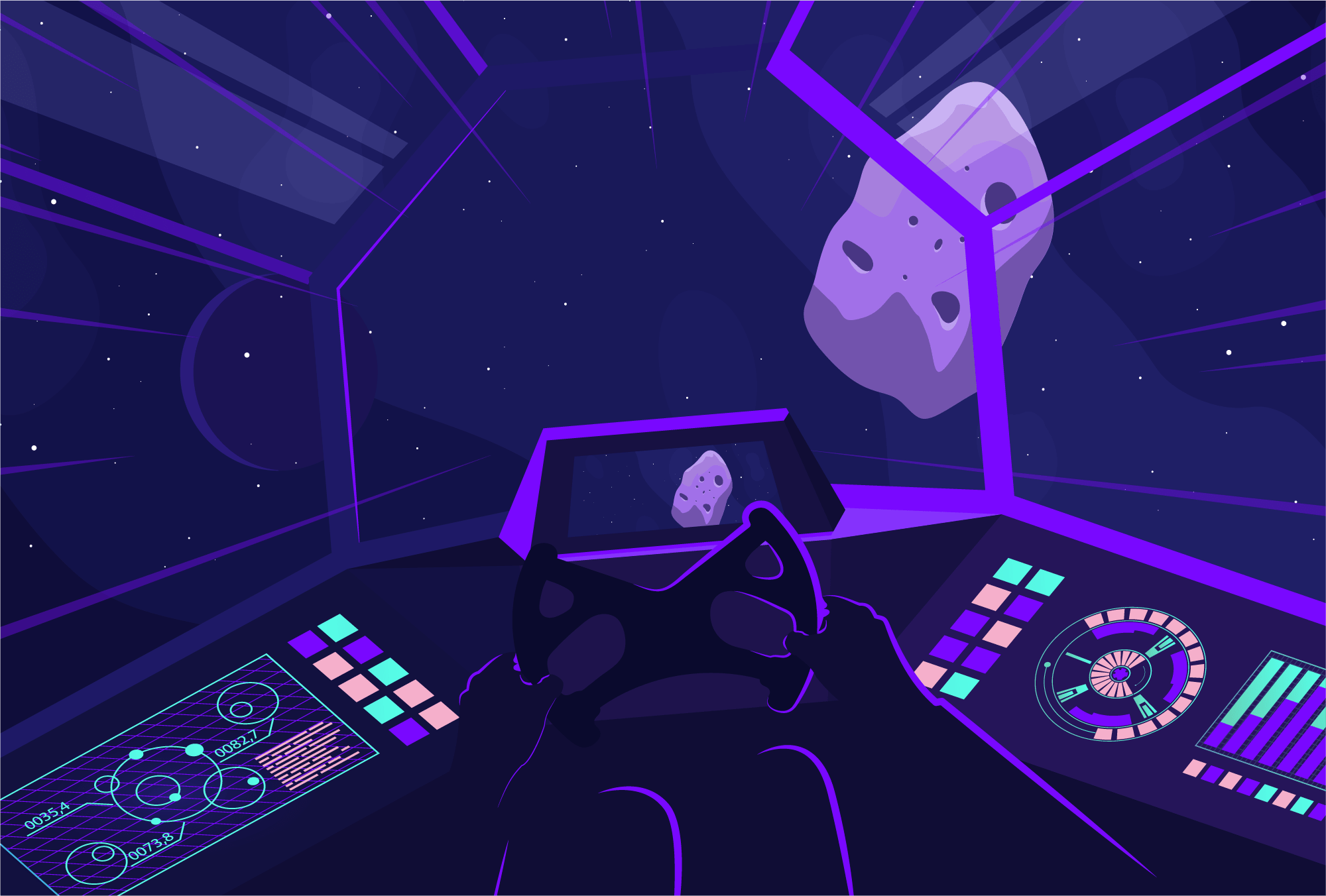 Astronauta esquivando-se da cadeia de asteróide blockchain