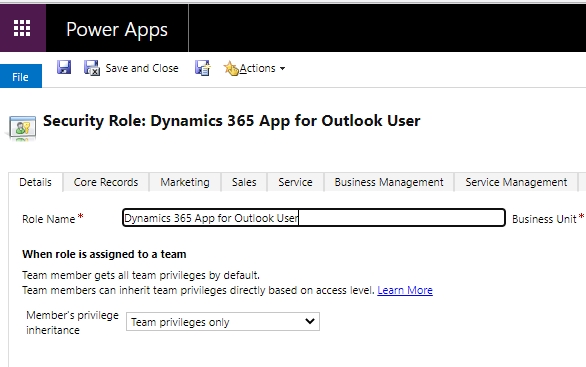 Dynamics 365 app for outlook user security role