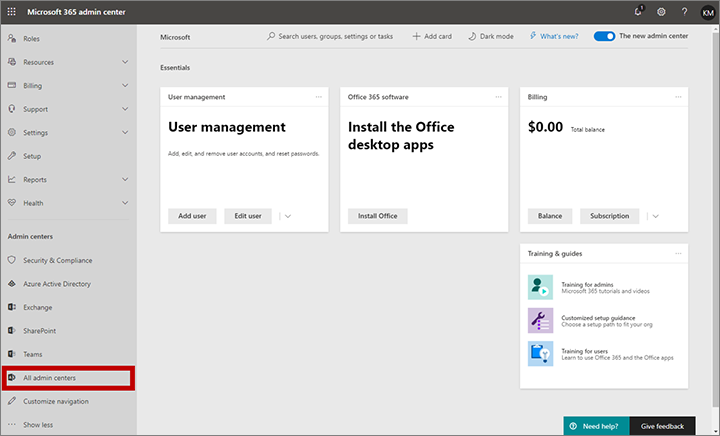 Select show all admin centers