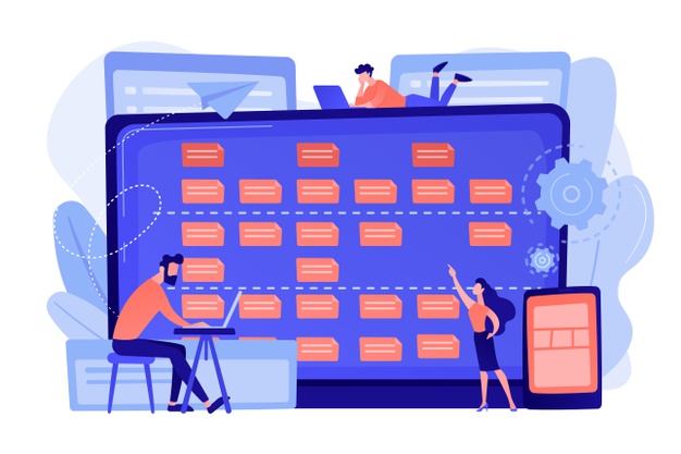 Tiny people developers at laptop and customer requirements. software requirement description, user case agile tool, business analysis concept Free Vector
