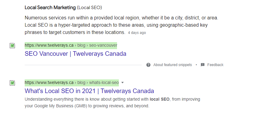 Twleverays local seo demonstration. We are on first page of google