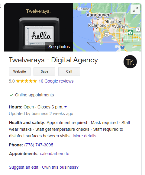 twelverays google local search showing google my business