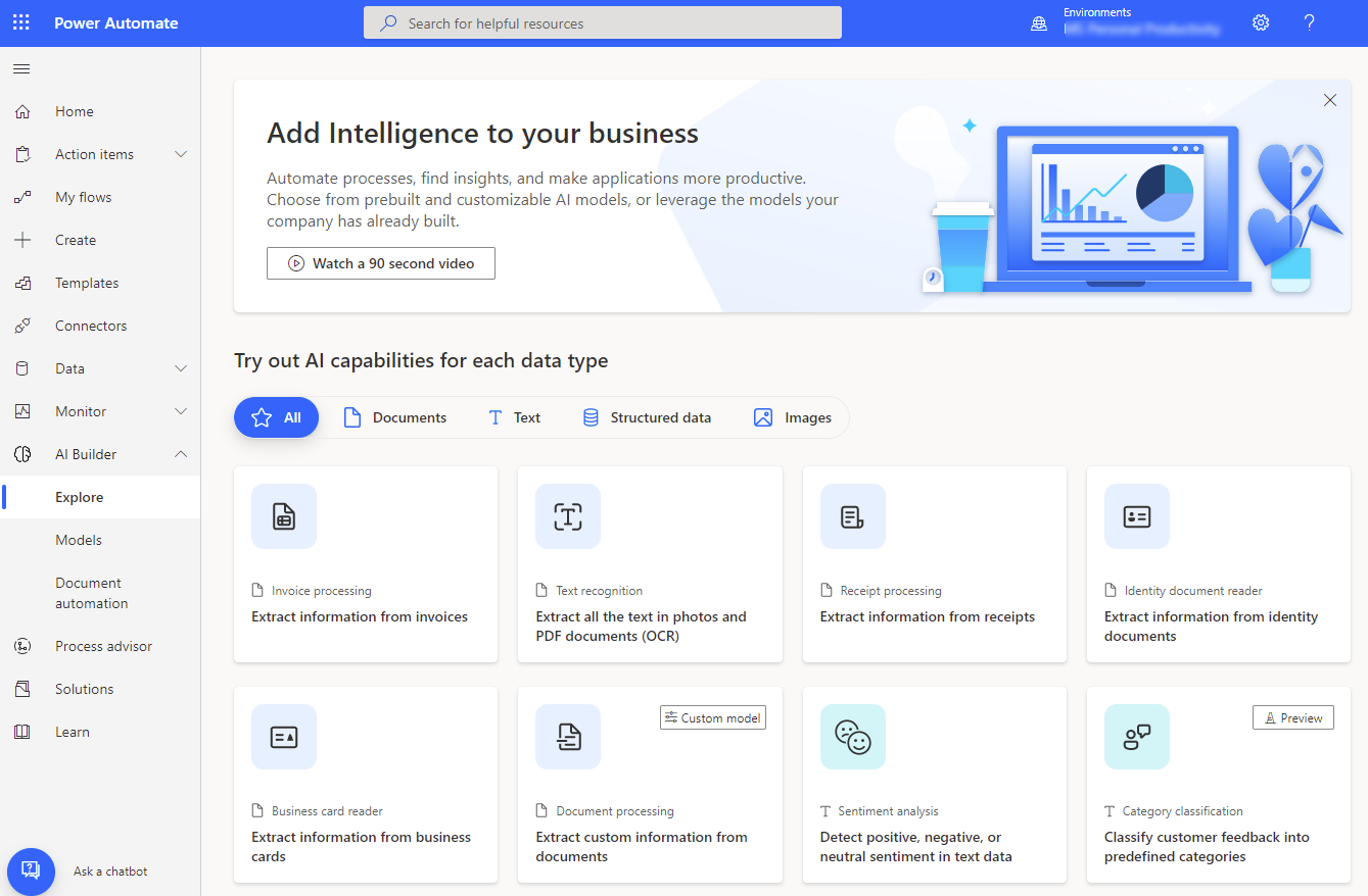 Screenshot of the AI Builder home page.