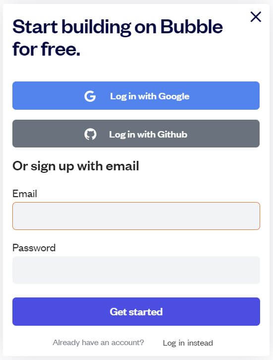 Bubble.io account sign up prompt