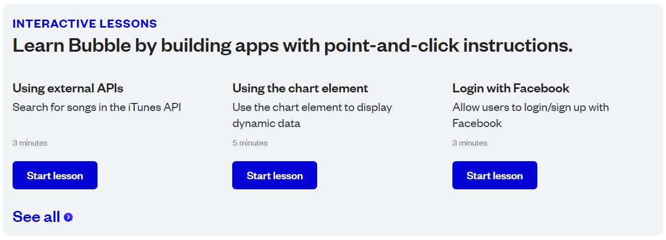 Bubble.io interactive lessons menu