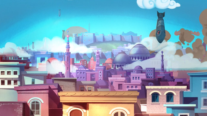 Unicef commercial still of animation depicting bombs falling into a colorful town