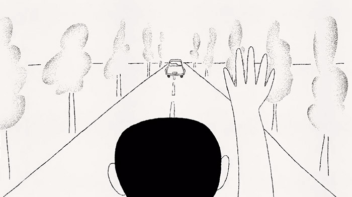 Bloomberg commercial still of animation depicting a man waving good bye to a car