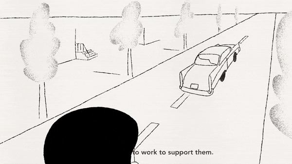 Bloomberg commercial still of animation depicting a man waving good bye to a car