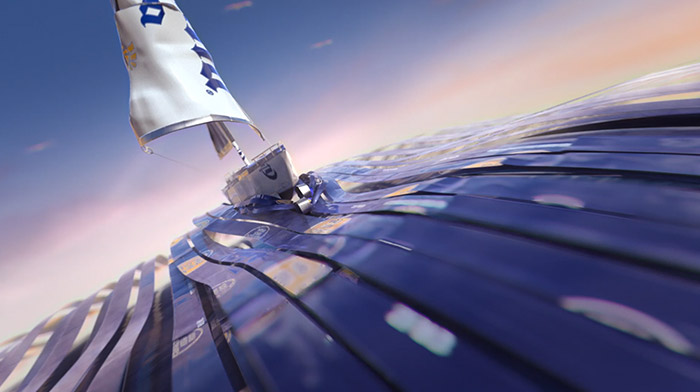 Corona commercial still of animation depicting a sail boat made out of Corona beer cans