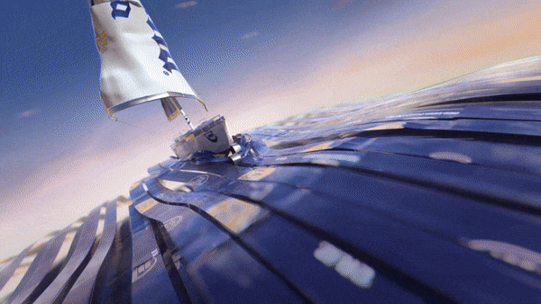 Corona commercial still of animation depicting a sail boat made out of Corona beer cans