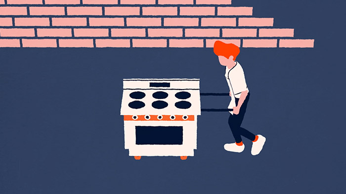 Mailchimp commercial still of animation depicting a man carrying a kitchen oven
