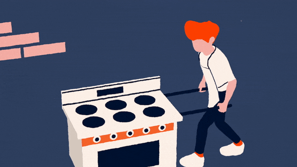 Mailchimp commercial still of animation depicting a man carrying a kitchen oven