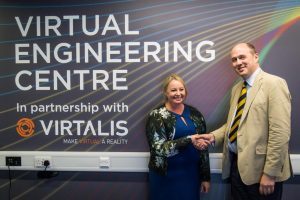 Lynn Dwyer, interim Head of Business Development within the Virtual Engineering Centre and The School of Engineering at The University of Liverpool with David Cockburn-Price Virtalis Managing Director