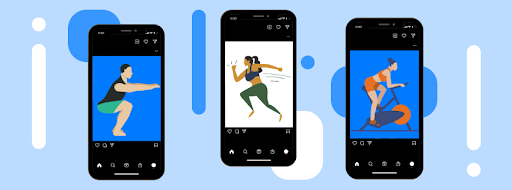 Illustration of fitness instructors promoting their virtual fitness classes online.