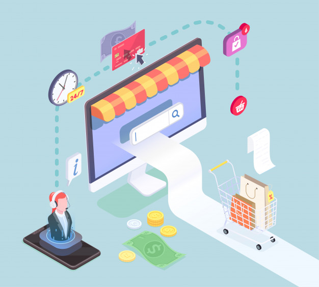 Shopping e-commerce isometric concept with pictogram icons images of smart electronic devices and cash symbols vector illustration Free Vector