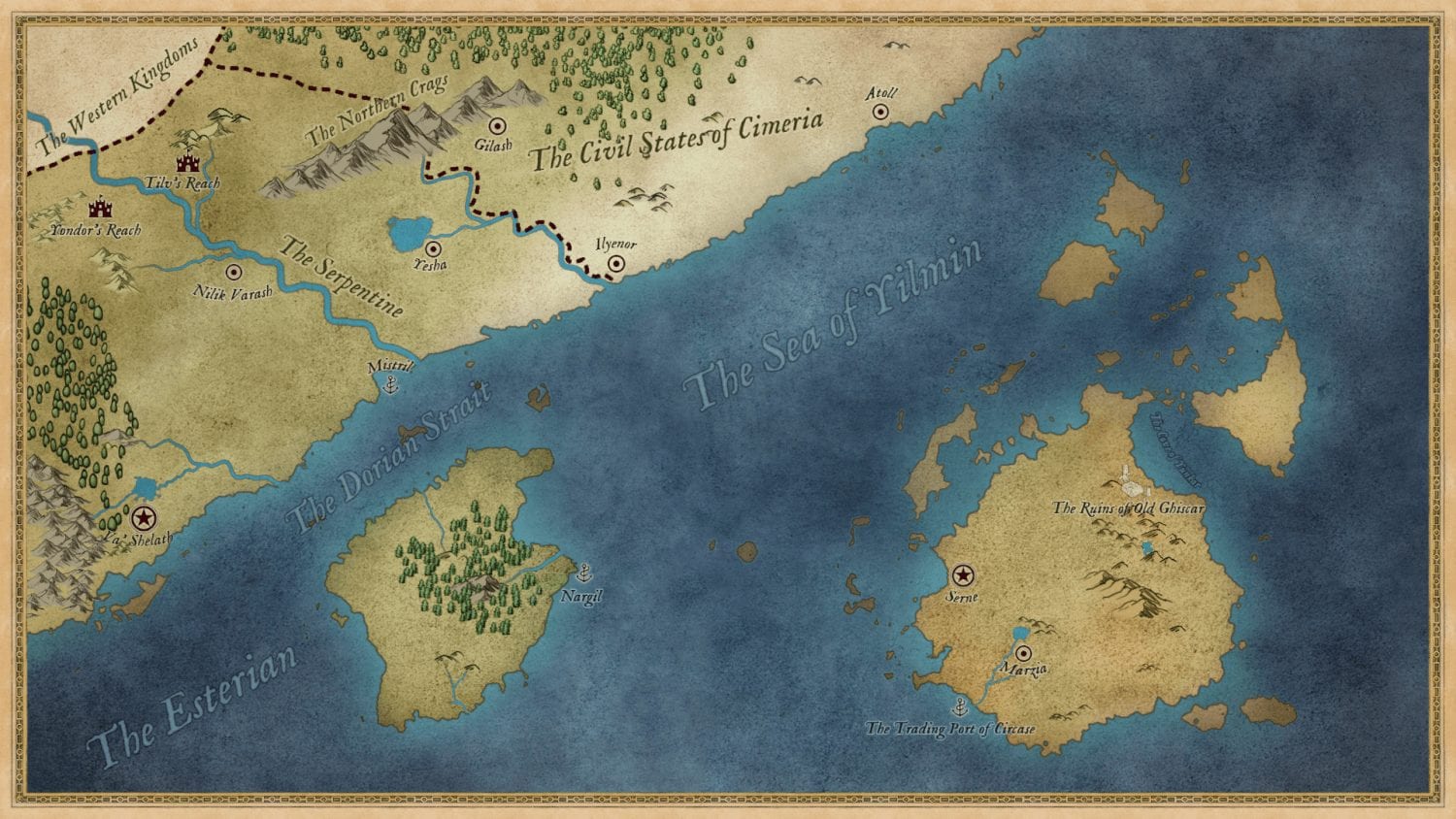 The Eastern Kingdoms at 435BC, 30 years prior to the invasion of Ilyenor by Nurat. At the time, Cimeria was comprised of only Gilash, Ilyenor and Atoll.