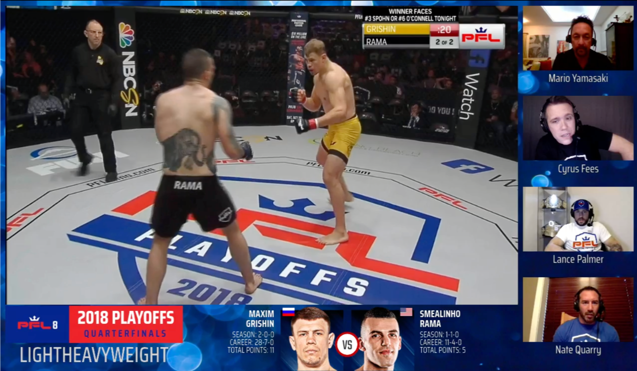 Commentators from four different locations providing play-by-play during a live PFL event.