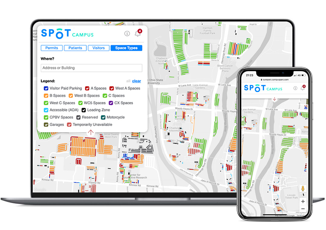 Spot Campus user interface shown on laptop and mobile
